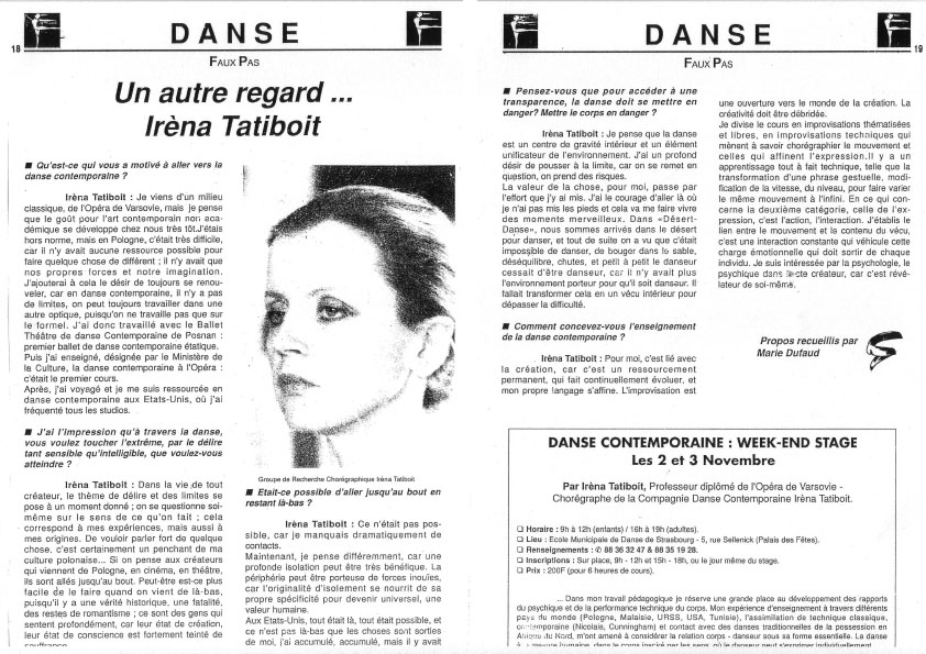 Le Carré d'Art, école de danse à Strasbourg - Hebdoscope 1992 - Un autre regard... irena Tatiboit,  Marie Dufaud