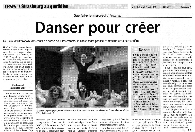 Le Carré d'Art, école de danse à Strasbourg - DNA 17 janvier 2007, Danser pour créer, P.N.