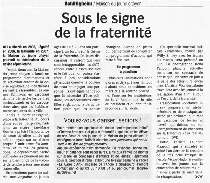 Le Carré d'Art, école de danse à Strasbourg - DNA 04 février 2007, Sous le signe de la fraternité, SoW