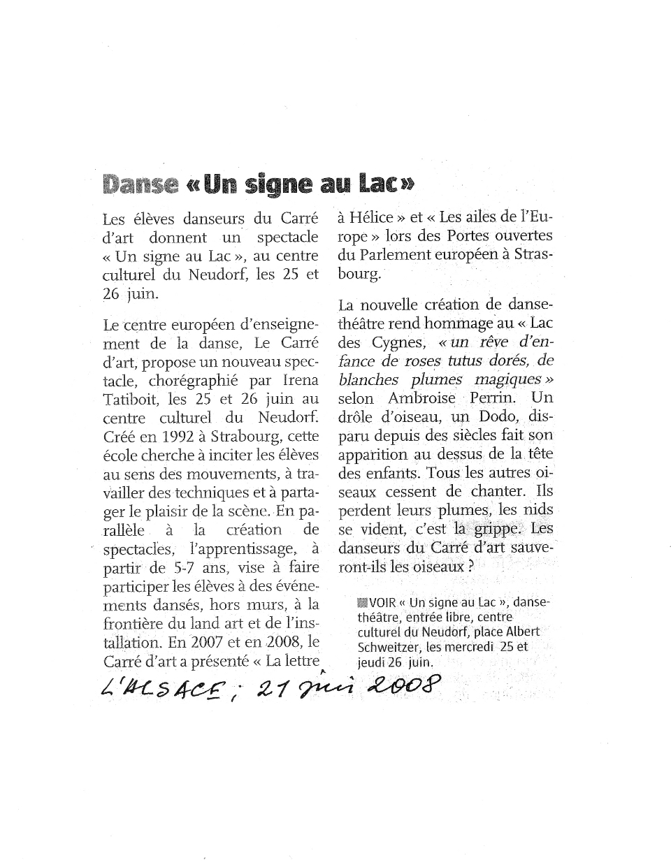 Le Carré d'Art, école de danse à Strasbourg - L'Alsace, 21 Juin 2008, 