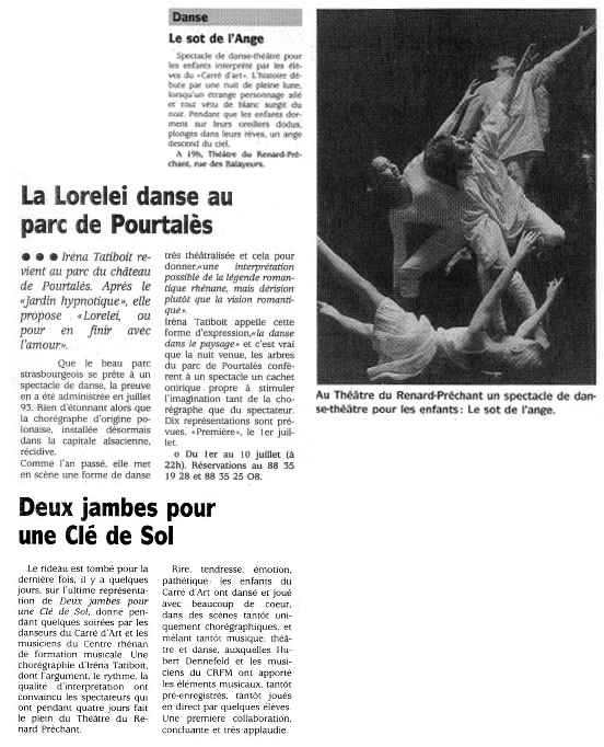 Le Carré d'Art, dance school in Strasbourg - DNA 16 juin 1995 - Le sot de l'Ange / juin 1994 - La Lorelei danse au parc de  Pourtalès - Deux jambes pour une Clé de Sol